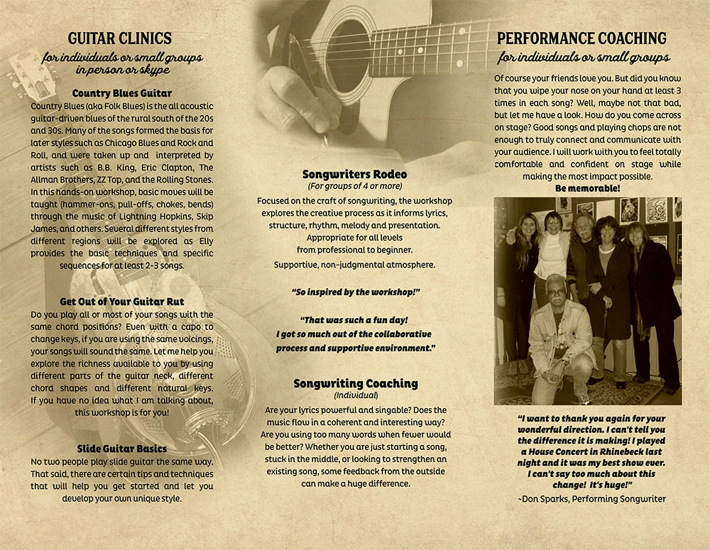 Guitar clinics, Country blues guitar, slide guitar basics, songwriting, Live performace coaching